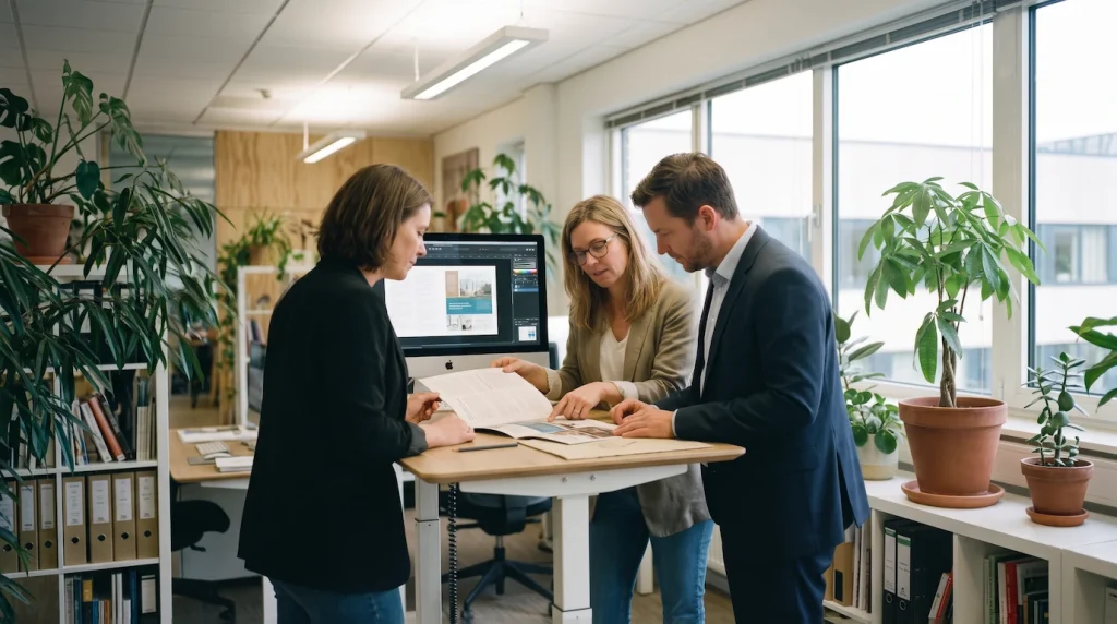 Collègues travaillant ensemble sur une maquette de brochure avec Affinity Mise en page — image générée par IA